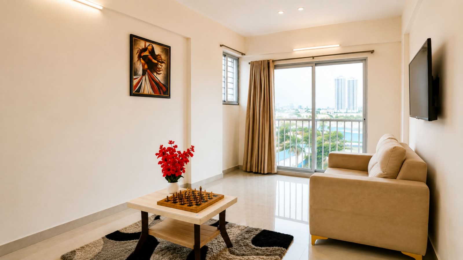 Bright living room with balcony view at Shukrana Stays in Hinjewadi, Pune