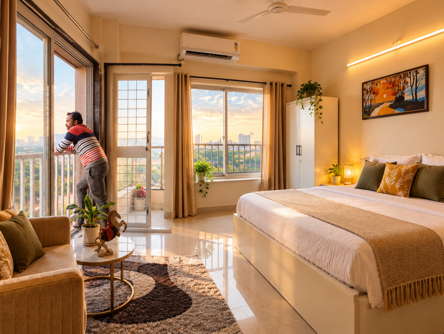 Sunlit furnished bedroom with balcony view in Hinjewadi, Pune