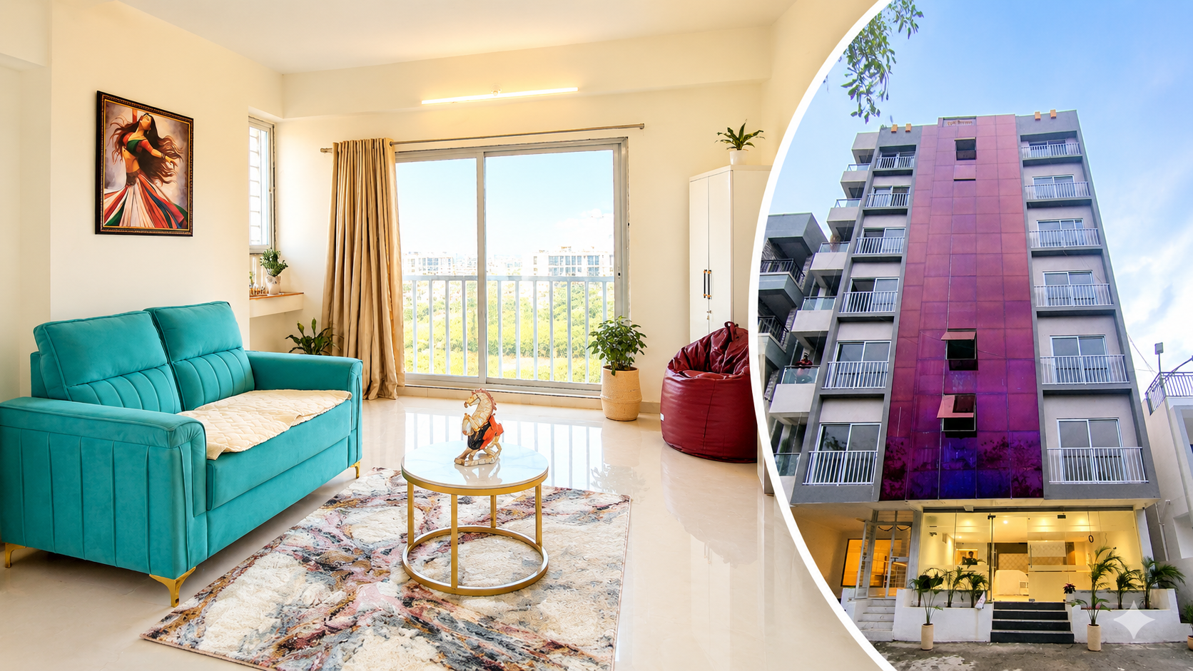 Modern furnished living room and Shukrana Stays property exterior in Hinjewadi